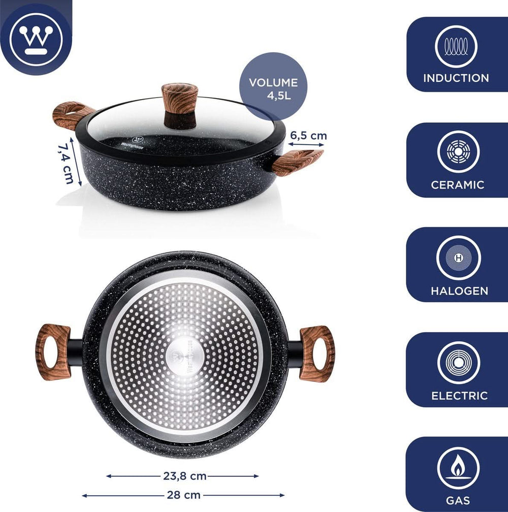 Ensemble de casseroles Westinghouse Marble Wood (wok de ø 30 cm + poêle à rôtir + Sauteuse de ø 28 cm) - Induction et toutes autres sources de chaleur