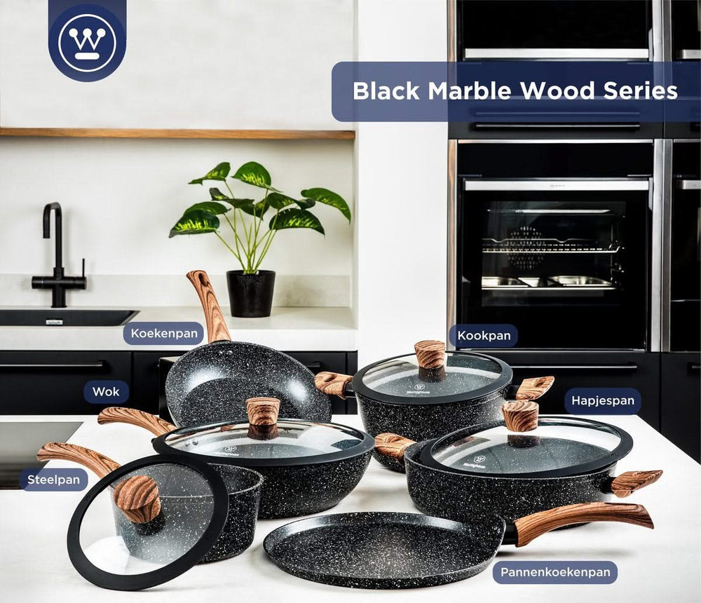 Ensemble de casseroles Westinghouse Marble Wood (wok de ø 30 cm + poêle à rôtir + Sauteuse de ø 28 cm) - Induction et toutes autres sources de chaleur