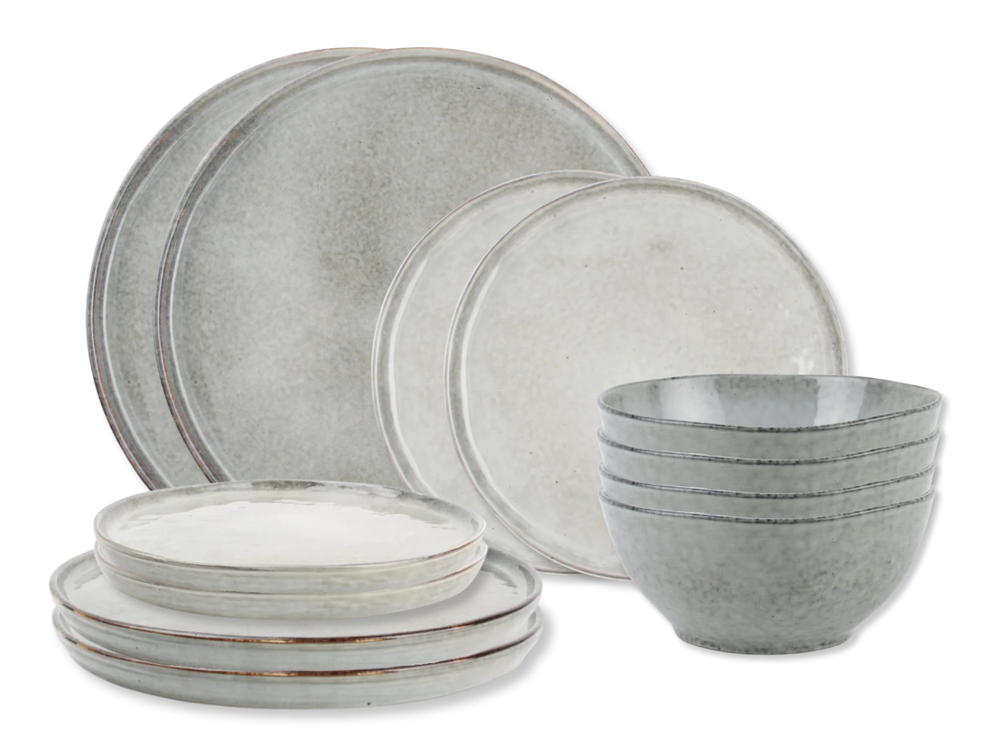 Service de vaisselle Salt & Pepper Artisan Green - 12 pièces / 4 personnes - 4 Assiette plates, 4 assiettes à petit-déjeuner en 4 bols