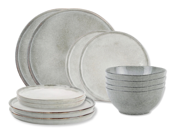 Service de vaisselle Salt & Pepper Artisan Green - 12 pièces / 4 personnes - 4 Assiette plates, 4 assiettes à petit-déjeuner en 4 bols