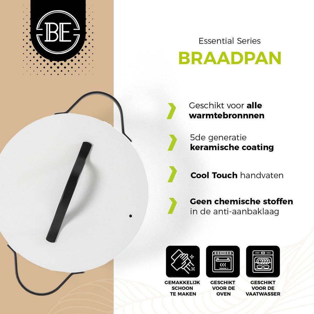 BE Living Poêle avec Couvercle - Ø 28 cm - Revêtement antiadhésif céramique - Adaptée à tous feux - Blanc