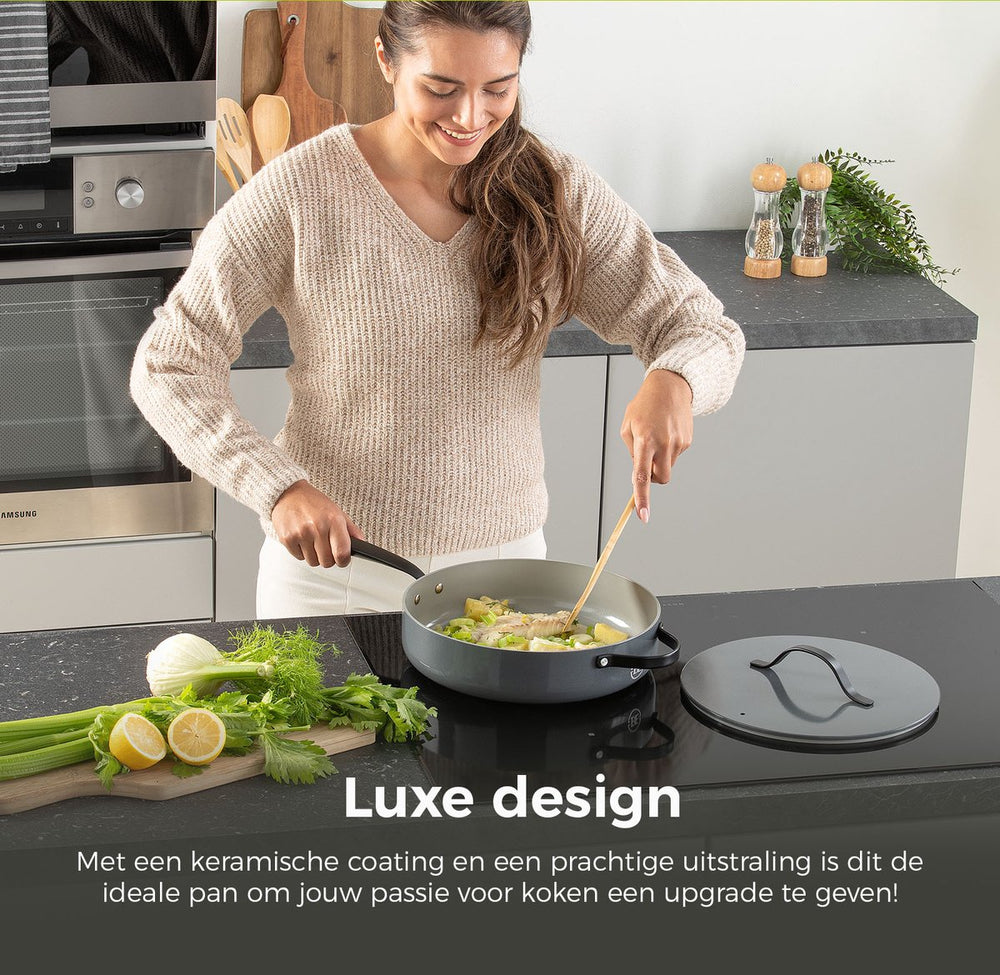 BE Living Casserole avec Couvercle - Ø 28 cm - Revêtement antiadhésif céramique - Sans PFAS - Adaptée à tous feux - Gris