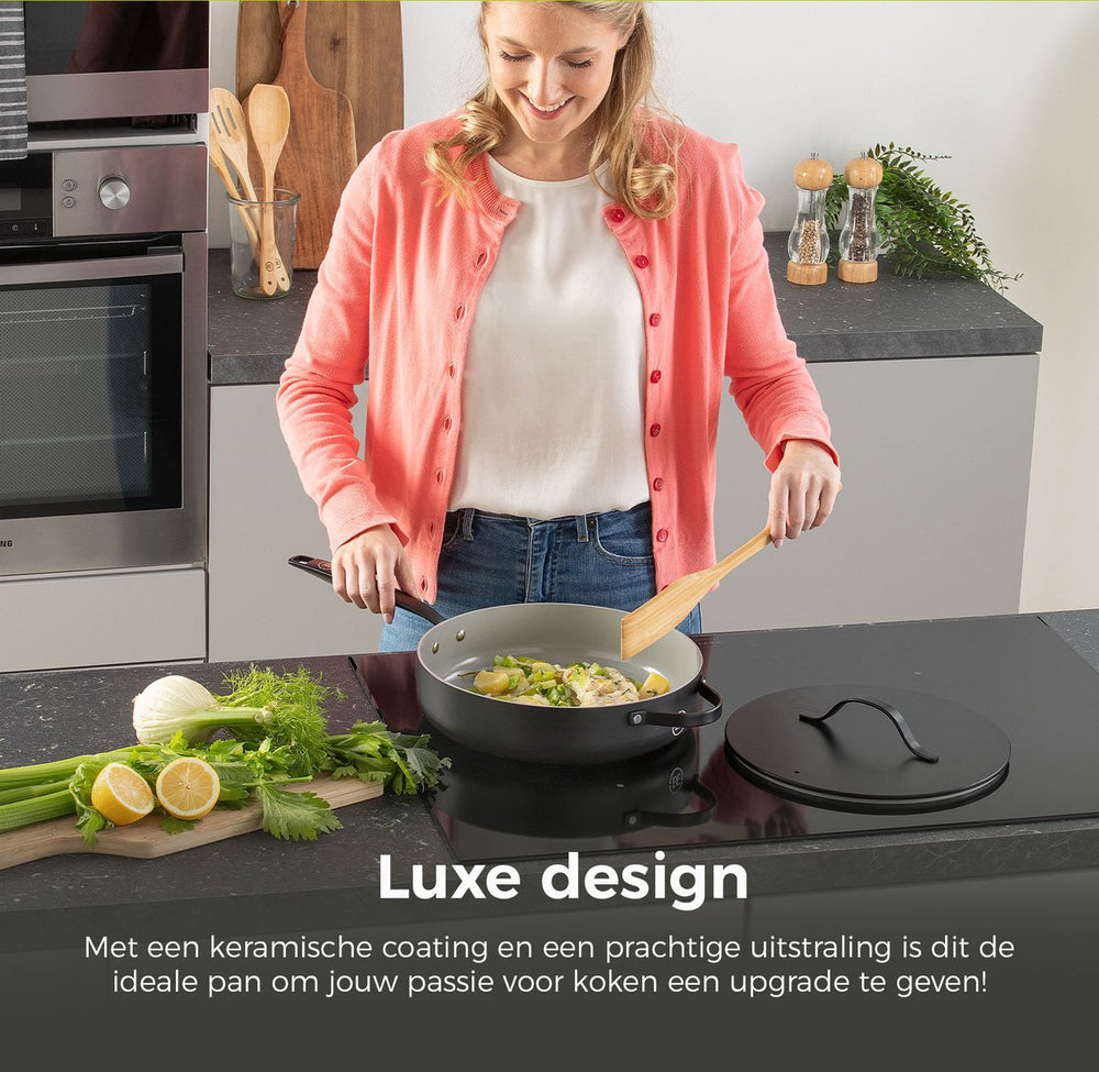 Casserole avec couvercle BE Living - Ø 28 cm - Revêtement antiadhésif en céramique - Sans PFAS - Adaptée à tous feux - Noir