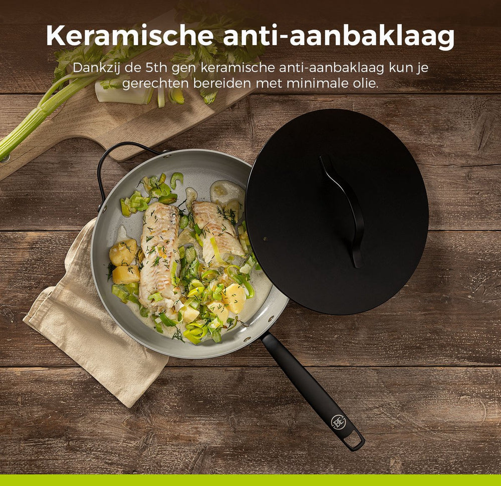 Casserole avec couvercle BE Living - Ø 28 cm - Revêtement antiadhésif en céramique - Sans PFAS - Adaptée à tous feux - Noir