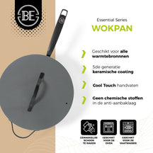 BE Living Poêle Wok avec Couvercle - Ø 30 cm - Revêtement antiadhésif en céramique - Sans PFAS - Adaptée à toutes sources de chaleur - Gris