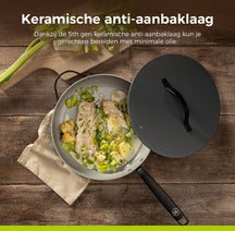 BE Living Poêle Wok avec Couvercle - Ø 30 cm - Revêtement antiadhésif en céramique - Sans PFAS - Adaptée à toutes sources de chaleur - Gris