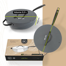 BE Living Poêle Wok avec Couvercle - Ø 30 cm - Revêtement antiadhésif en céramique - Sans PFAS - Adaptée à toutes sources de chaleur - Gris