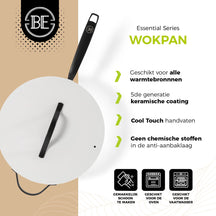 BE Living Poêle Wok avec Couvercle - Ø 30 cm - Revêtement anti-adhésif en céramique - Sans PFAS - Adaptée à toutes sources de chaleur - Blanc