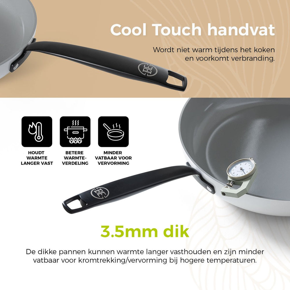 BE Living Poêle Wok avec Couvercle - Ø 30 cm - Revêtement anti-adhésif en céramique - Sans PFAS - Adaptée à toutes sources de chaleur - Blanc