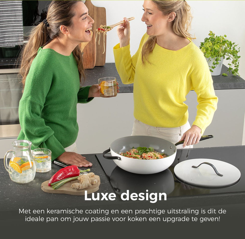 BE Living Poêle Wok avec Couvercle - Ø 30 cm - Revêtement anti-adhésif en céramique - Sans PFAS - Adaptée à toutes sources de chaleur - Blanc