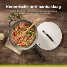 BE Living Poêle Wok avec Couvercle - Ø 30 cm - Revêtement anti-adhésif en céramique - Sans PFAS - Adaptée à toutes sources de chaleur - Blanc