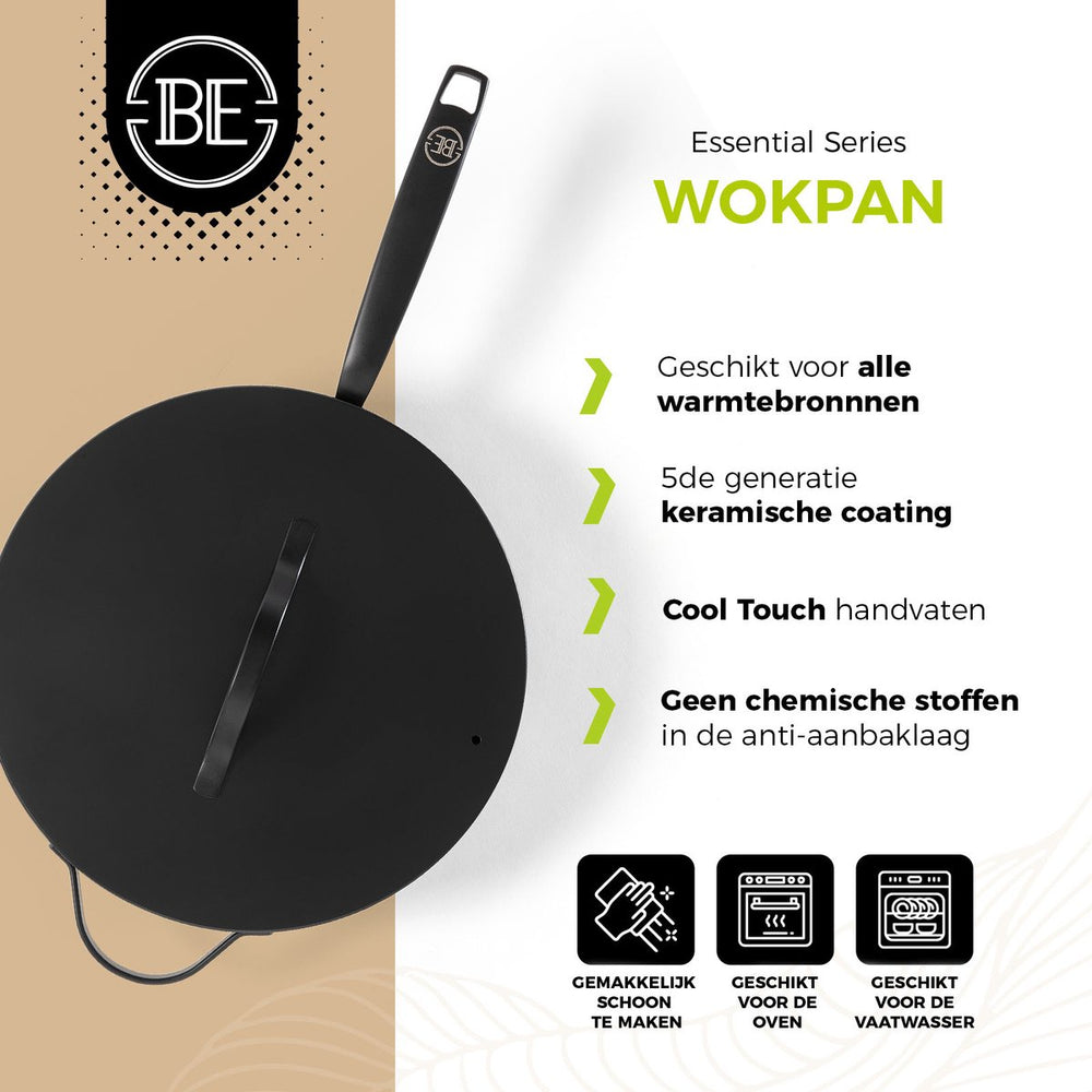 BE Living Poêle Wok avec Couvercle - Ø 30 cm - Revêtement antiadhésif en céramique - Sans PFAS - Adaptée à toutes sources de chaleur - Noir