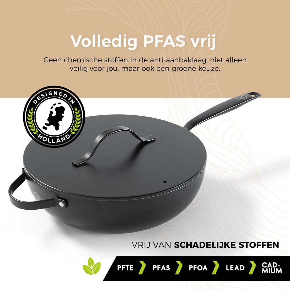 BE Living Poêle Wok avec Couvercle - Ø 30 cm - Revêtement antiadhésif en céramique - Sans PFAS - Adaptée à toutes sources de chaleur - Noir