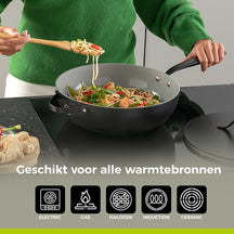 BE Living Poêle Wok avec Couvercle - Ø 30 cm - Revêtement antiadhésif en céramique - Sans PFAS - Adaptée à toutes sources de chaleur - Noir