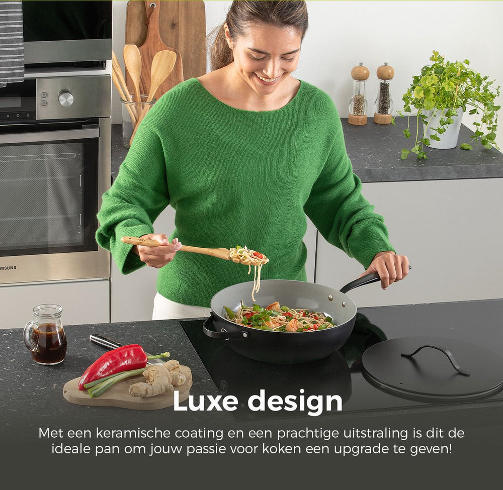 BE Living Poêle Wok avec Couvercle - Ø 30 cm - Revêtement antiadhésif en céramique - Sans PFAS - Adaptée à toutes sources de chaleur - Noir