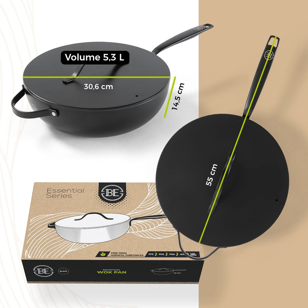 BE Living Poêle Wok avec Couvercle - Ø 30 cm - Revêtement antiadhésif en céramique - Sans PFAS - Adaptée à toutes sources de chaleur - Noir