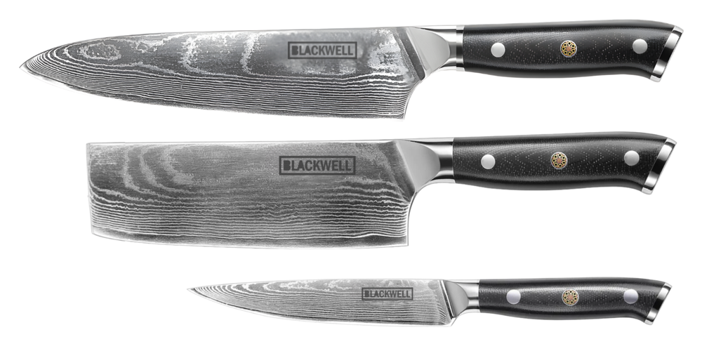 Blackwell Knife Set (Couteau de chef + Couteau à légumes + Couteau de bureau) - Style japonais - Acier damassé 67 couches - VG10 - 3 pièces