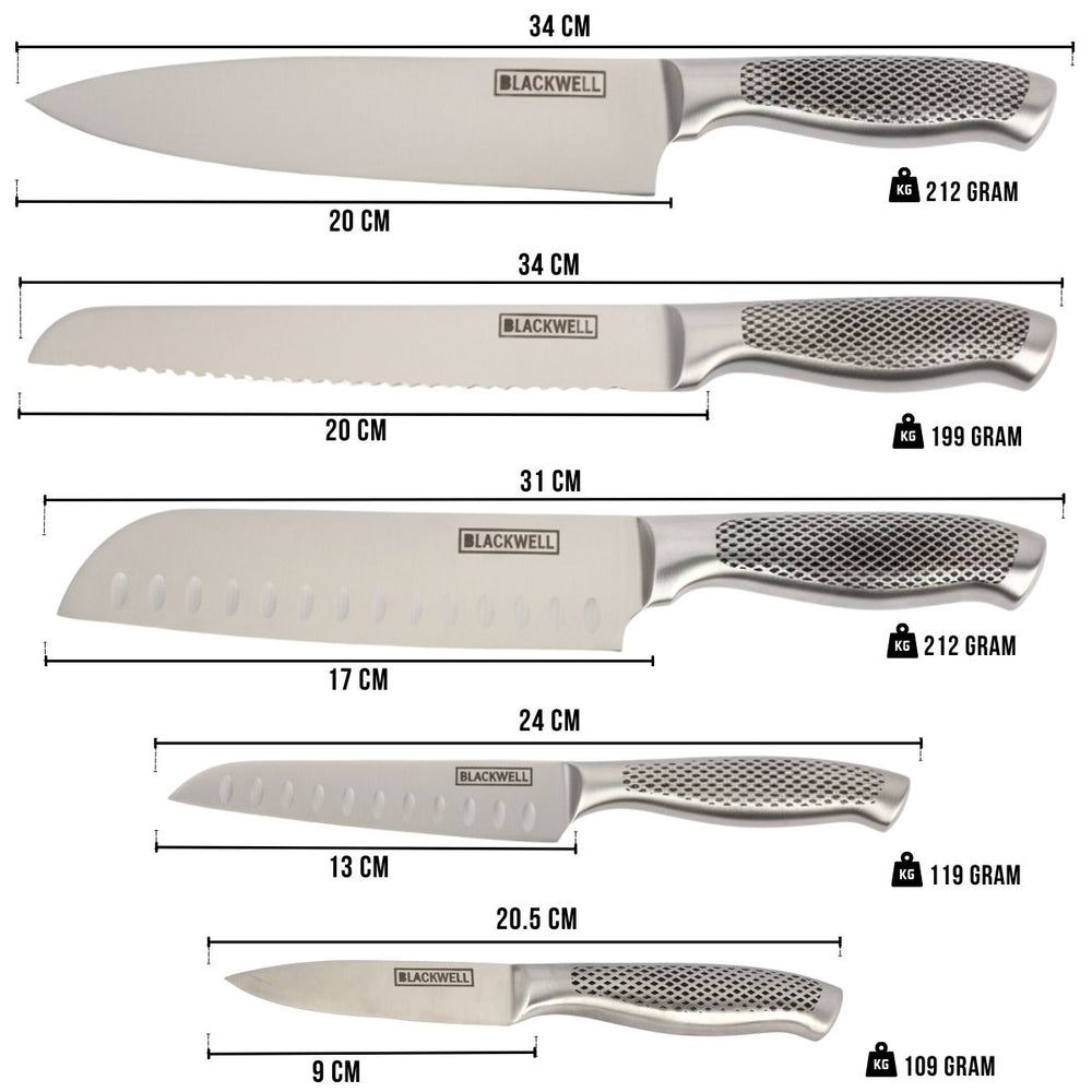 Bloc de couteaux Blackwell - Noire - Couteau de chef, Couteau Santoku, Couteau à pain, Couteau d'office & Couteau éplucheur 6 pièces