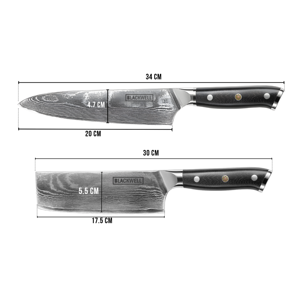 Blackwell Knife Set (Couteau de chef + Couteau à légumes/Nakiri) - Style japonais - Acier damassé 67 couches - VG10 - 2 pièces