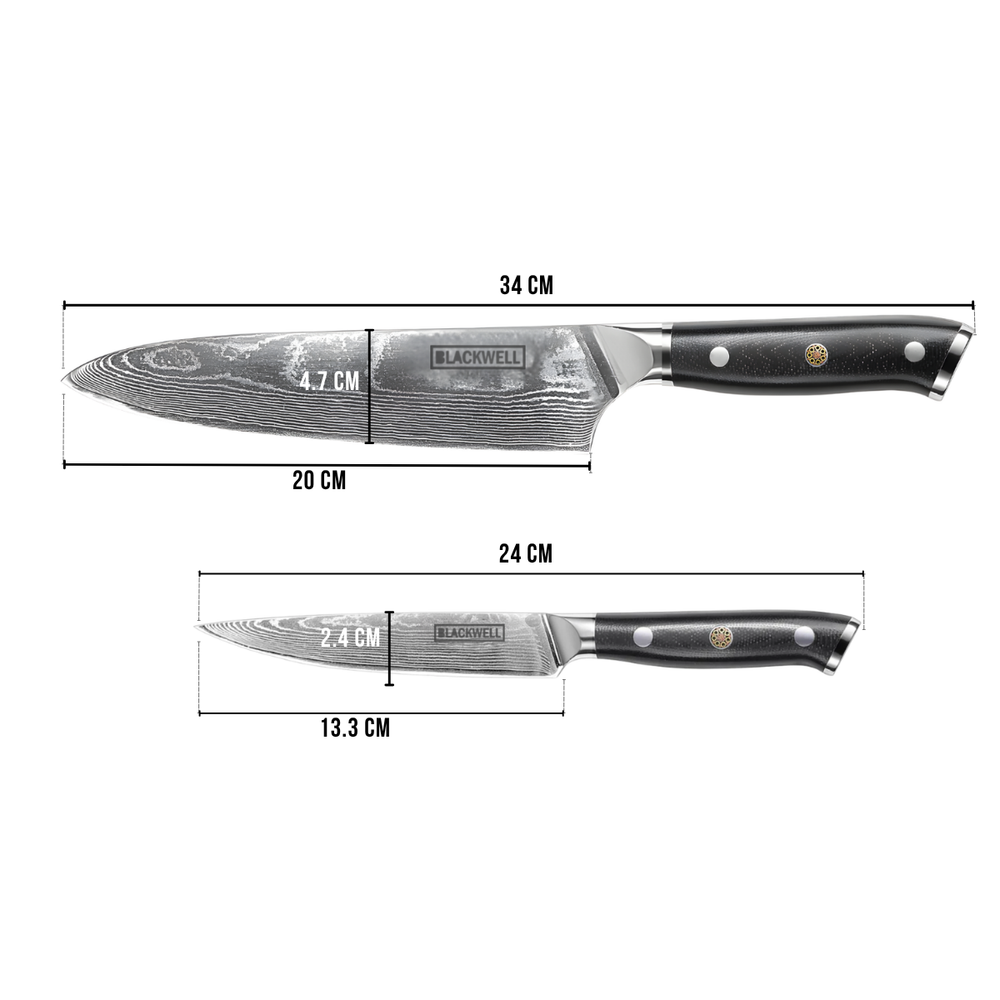 Set de couteaux Blackwell (Couteau de chef + Couteau de bureau) - Style japonais - Acier damassé 67 couches - VG10 - 2 pièces