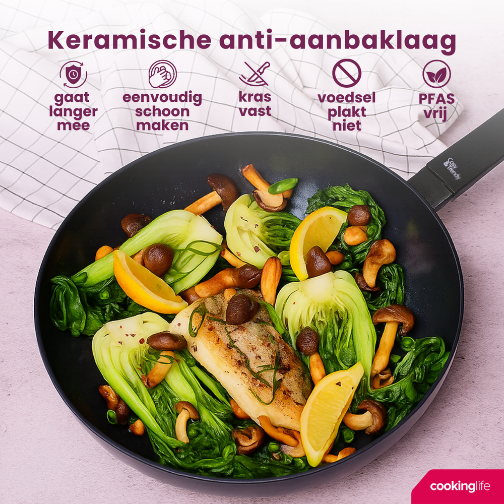 Cookinglife Koekenpan Black Cera - ø 28 cm - keramische anti-aanbaklaag - geschikt voor alle warmtebronnen
