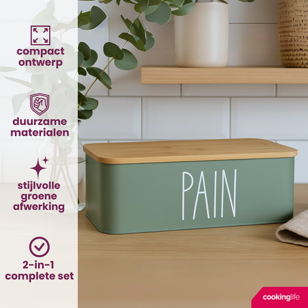 Cookinglife Brooddoos - Broodtrommel met bamboe snijplank - Groen