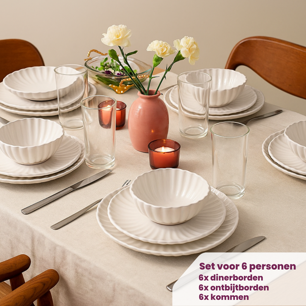 Service de vaisselle Cookinglife Cardida Off White 18 pièces / 6 personnes - 6 assiettes à dîner, 6 assiettes à petit-déjeuner et 6 bols