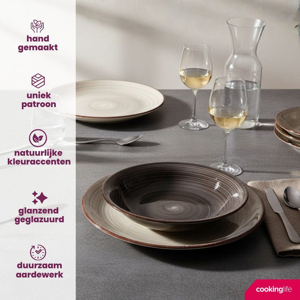 Service de vaisselle Cookinglife Delice Gris 18 pièces / 6 personnes - 6 Assiette plates, 6 assiettes creuses en 6 assiettes à petit-déjeuner