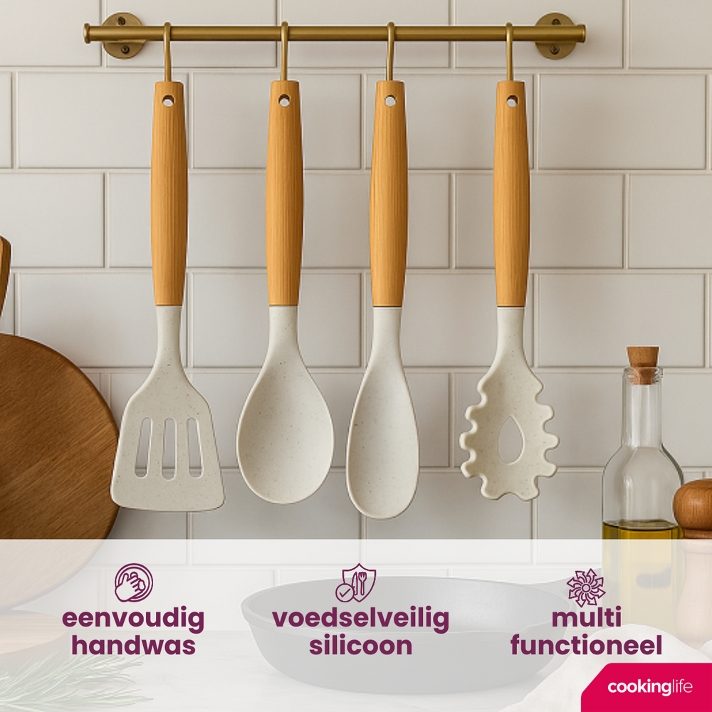 Ensemble d'ustensiles de cuisine Cookinglife - Ensemble de cuisson - bois beige 4 pièces - Spatule, cuillère de service, cuillère à salade & cuillère à spaghetti