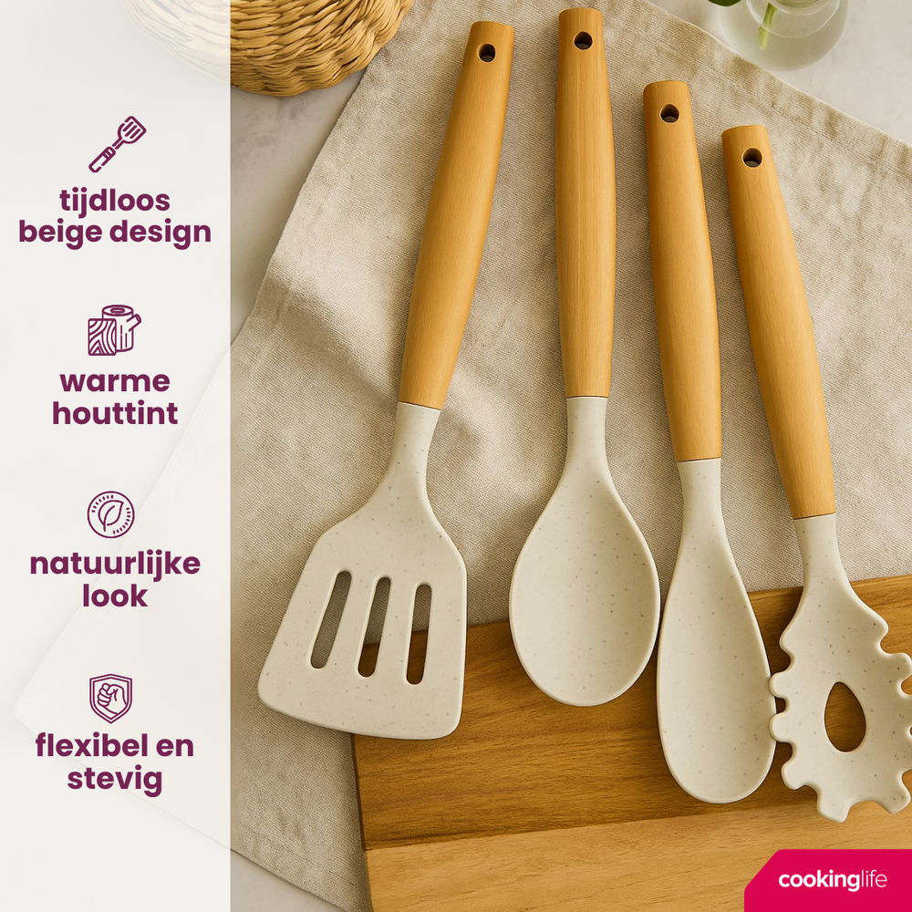 Ensemble d'ustensiles de cuisine Cookinglife - Ensemble de cuisson - bois beige 4 pièces - Spatule, cuillère de service, cuillère à salade & cuillère à spaghetti