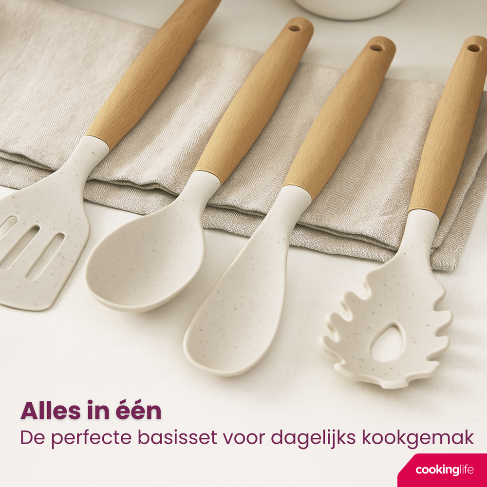 Ensemble d'ustensiles de cuisine Cookinglife - Ensemble de cuisson - bois beige 4 pièces - Spatule, cuillère de service, cuillère à salade & cuillère à spaghetti