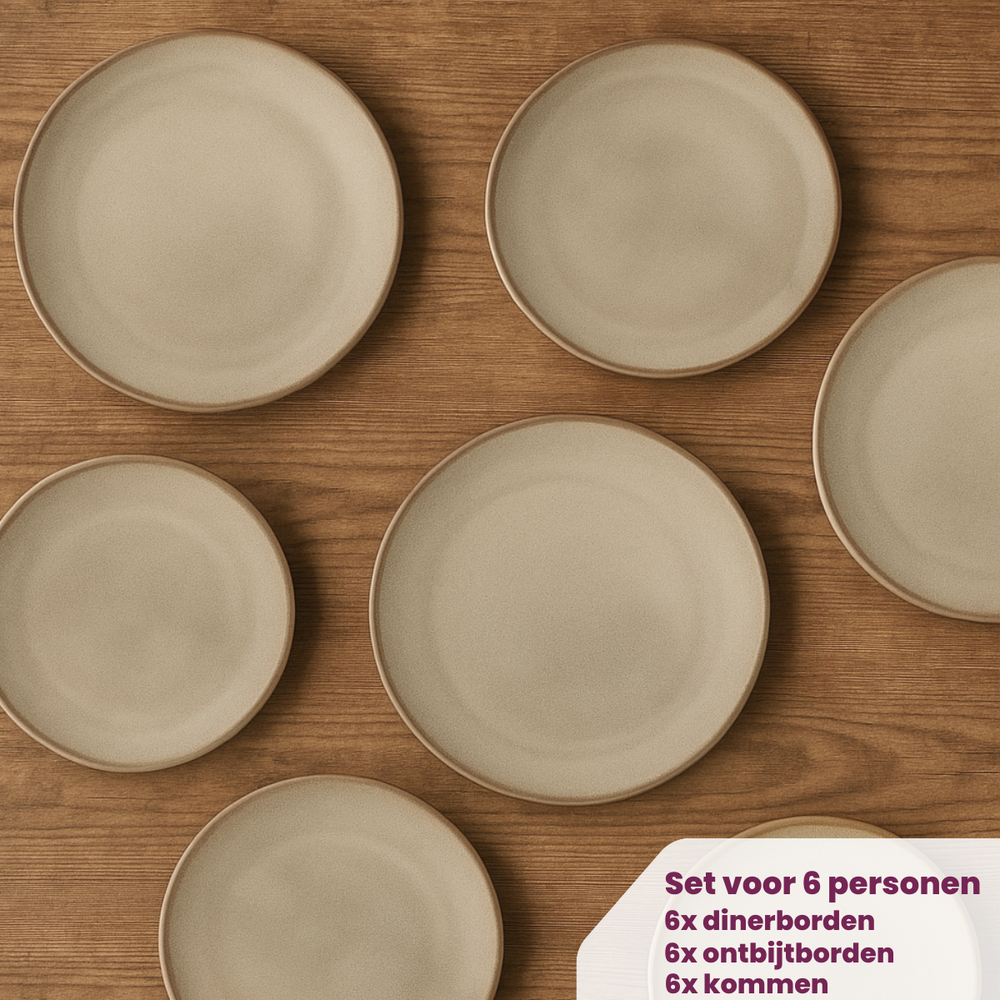 Service de vaisselle Cookinglife Sabi Beige 18 pièces / 6 personnes - 6 assiettes à dîner, 6 assiettes à petit-déjeuner et 6 bols