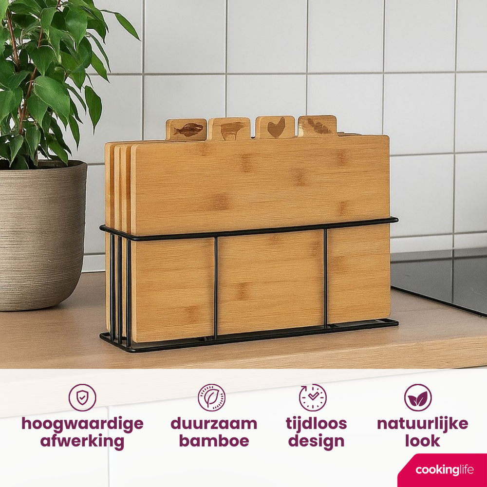 Ensemble de planches à découper en bambou Cookinglife avec support, 5 pièces