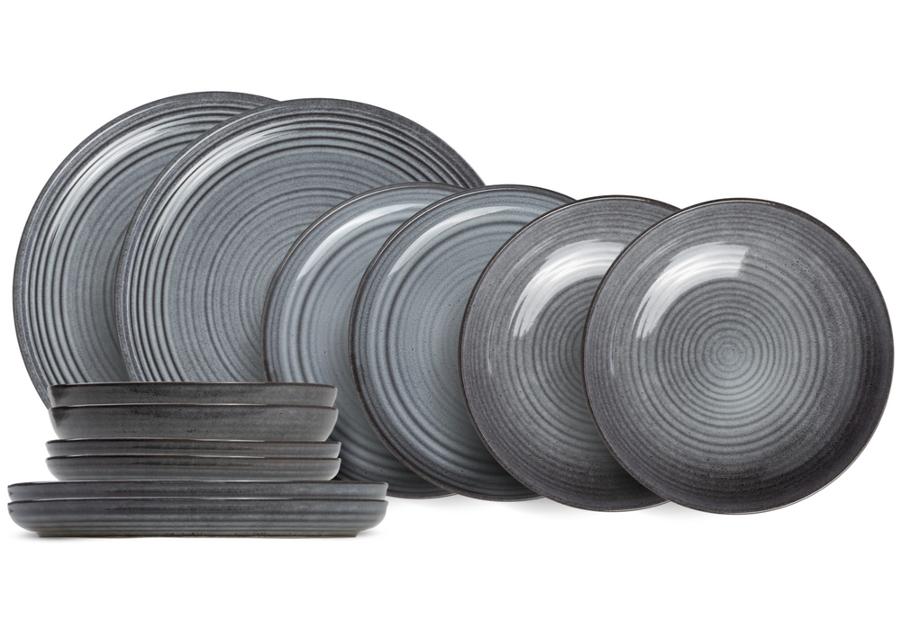 Service de vaisselle Cosy & Trendy Kentucky Grey - 12 pièces / 4 personnes - 4 Assiette plates, 4 assiettes à petit-déjeuner en 4 assiettes creuses