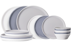 Service de table Cookinglife Siaki - Blanc / Bleu / Gris - Porcelaine 18 pièces / 6 personnes - 6 assiettes plates, 6 assiettes à dessert et 6 bols