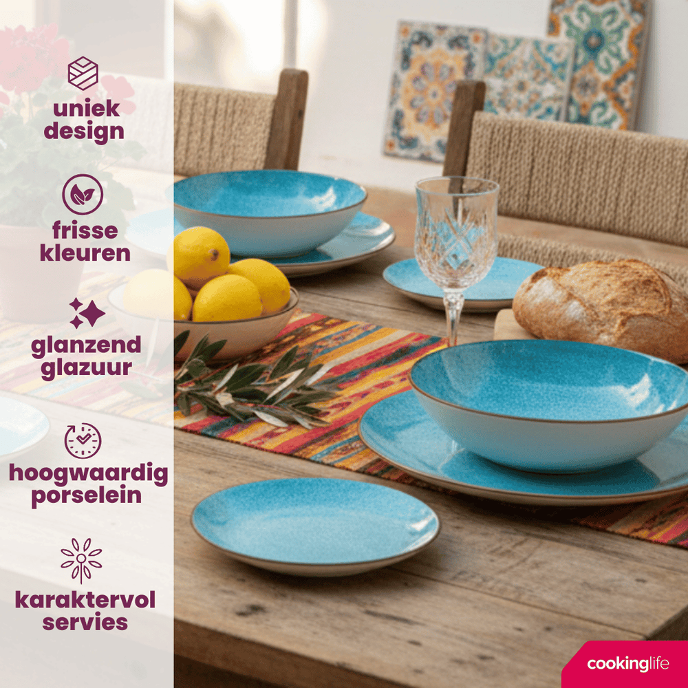 Cookinglife Set de vaisselle Tela Bleu Porcelaine 12 pièces / 4 personnes - 4 assiettes plates, 4 assiettes petit-déjeuner et 4 assiettes creuses