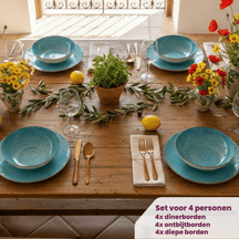 Cookinglife Set de vaisselle Tela Bleu Porcelaine 12 pièces / 4 personnes - 4 assiettes plates, 4 assiettes petit-déjeuner et 4 assiettes creuses