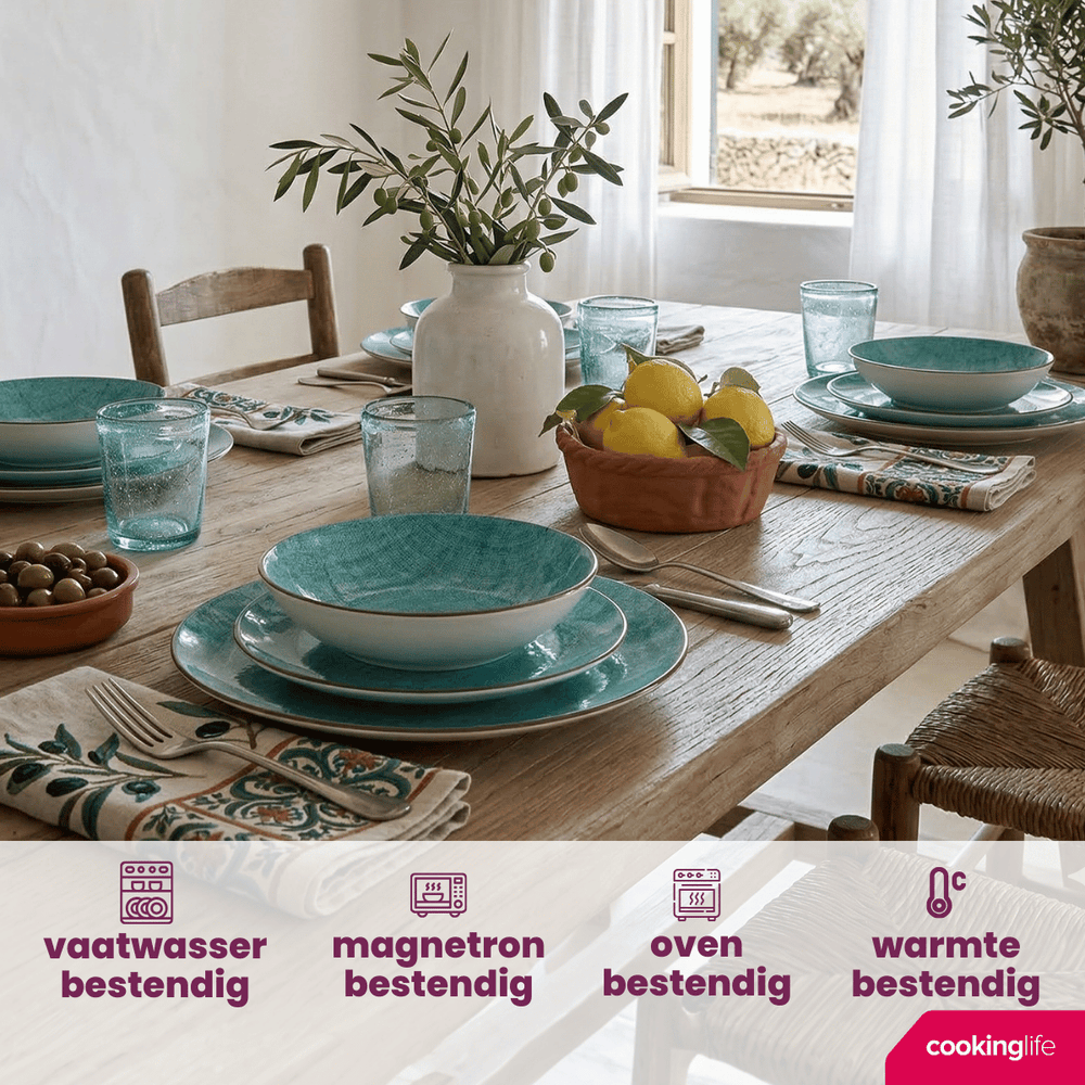 Cookinglife Set de vaisselle Tela Vert Porcelaine 12 pièces / 4 personnes - 4 assiettes plates, 4 assiettes à dessert et 4 assiettes creuses