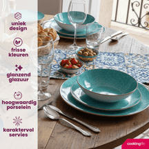 Cookinglife Set de vaisselle Tela Vert Porcelaine 12 pièces / 4 personnes - 4 assiettes plates, 4 assiettes à dessert et 4 assiettes creuses