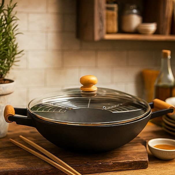 Poêle Wok Cookinglife - avec ustensiles de cuisine - Fonte - ø 36 cm / 6,5 Litres - Revêtement antiadhésif émaillé