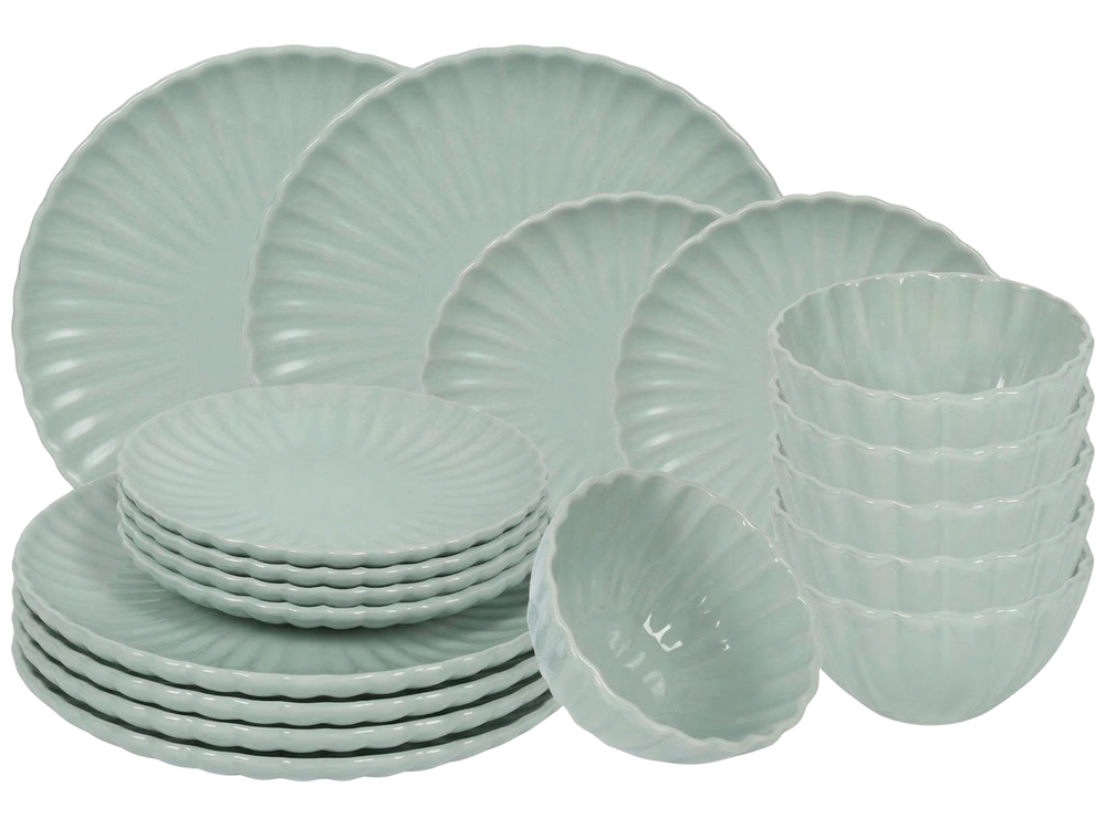 Service de vaisselle Cookinglife Cardida Vert 18 pièces / 6 personnes - 6 assiettes plates, 6 assiettes à dessert et 6 bols