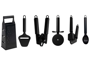 Ensemble d'ustensiles de cuisine Cookinglife noir - 6 pièces - Râpe tour, presse-ail, ouvre-boîte, roulette à pizza, trancheuse à fromage et cuillère à glace