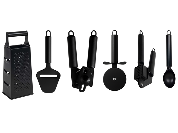 Ensemble d'ustensiles de cuisine Cookinglife noir - 6 pièces - Râpe tour, presse-ail, ouvre-boîte, roulette à pizza, trancheuse à fromage et cuillère à glace