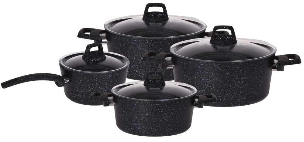 Batterie de casseroles 4 pièces Black Speckle - Aluminium - Casseroles ø 20, 22, 24 cm et casserole ø 18 cm - Compatible tous feux - Revêtement antiadhésif standard - Cookinglife