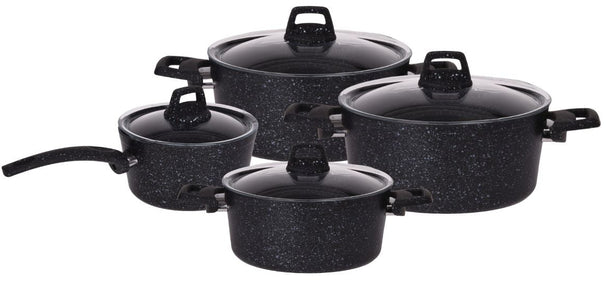 Batterie de casseroles 4 pièces Black Speckle - Aluminium - Casseroles ø 20, 22, 24 cm et casserole ø 18 cm - Compatible tous feux - Revêtement antiadhésif standard - Cookinglife