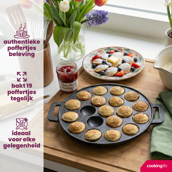 Cookinglife poêle à poffertjes fonte Ø 24 cm – 19 cavités – sans revêtement antiadhésif – compatible avec toutes les sources de chaleur