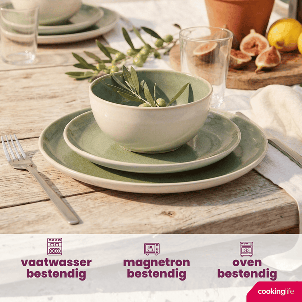 Service de table Cookinglife Serene Green 12 pièces / 4 personnes - 4 assiettes plates, 4 assiettes à dessert et 4 bols