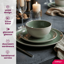 Service de table Cookinglife Serene Green 12 pièces / 4 personnes - 4 assiettes plates, 4 assiettes à dessert et 4 bols