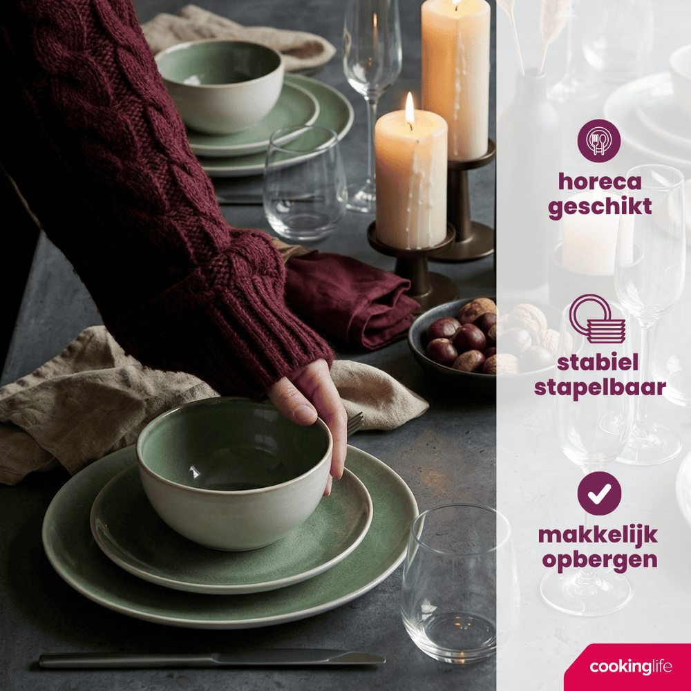 Service de table Cookinglife Serene Green 12 pièces / 4 personnes - 4 assiettes plates, 4 assiettes à dessert et 4 bols