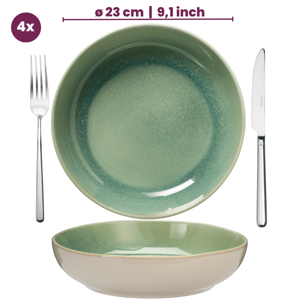 Service de table Cookinglife Serene Green 12 pièces / 4 personnes - 4 assiettes plates, 4 assiettes à dessert et 4 bols